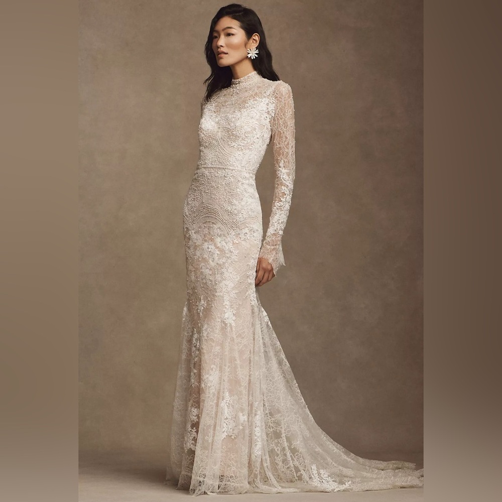 Watters Frances High Neck Sheath Lace Wedding Gown
